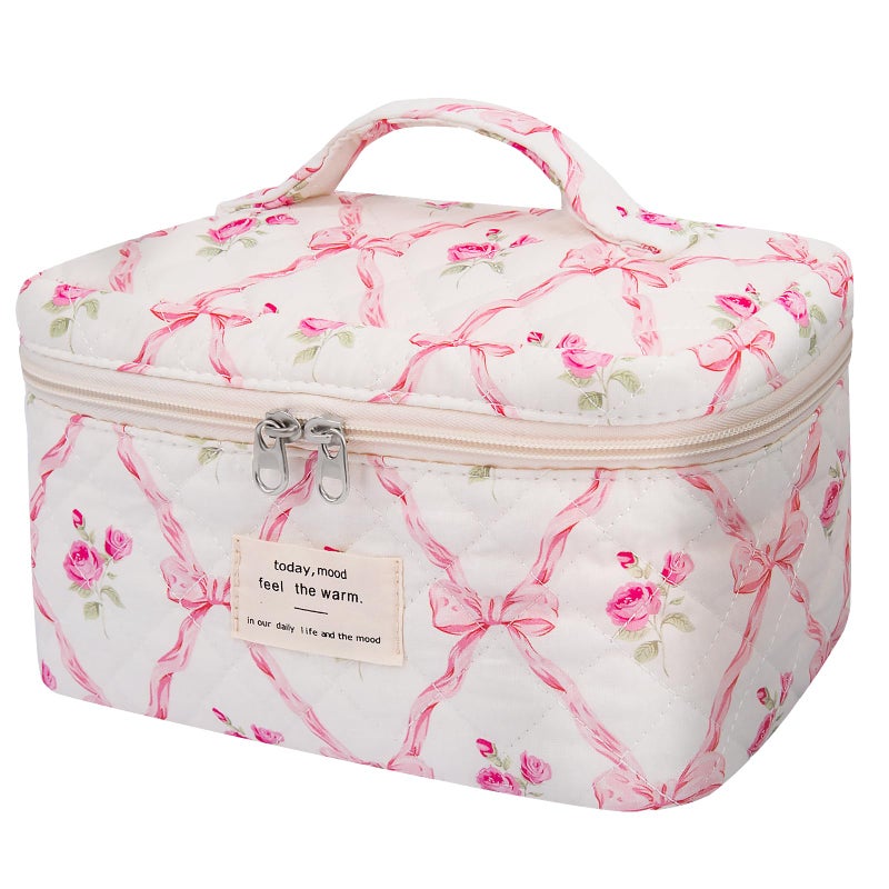 Large Makeup Bag Cute Cosmetic Bag for Women Girls Floral Coquette Aesthetic Toiletry Bag Travel Make Up Organizer Bag Pink Butterfly